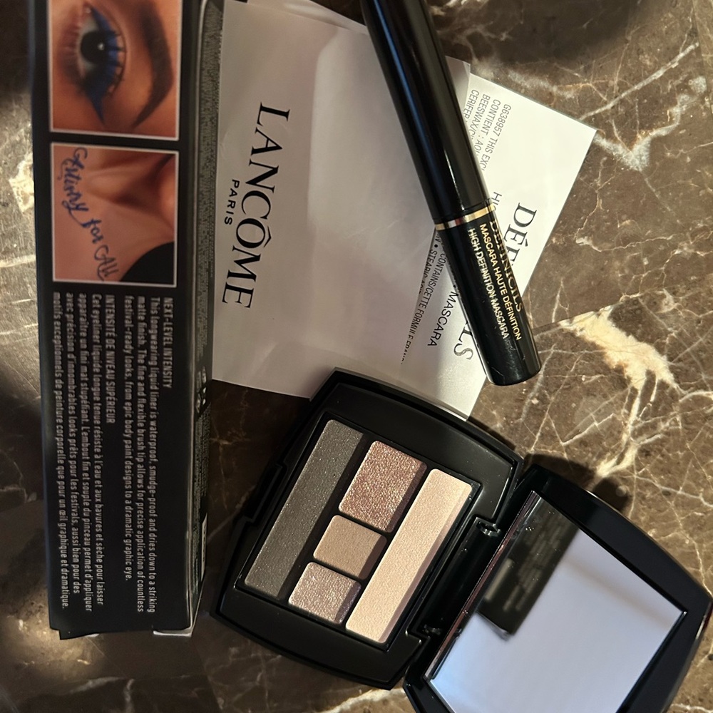 Lancôme Makeup Bundle Eyeshadow Palette Mascara Lipstick Plus NYX Blue Eyeliner,
